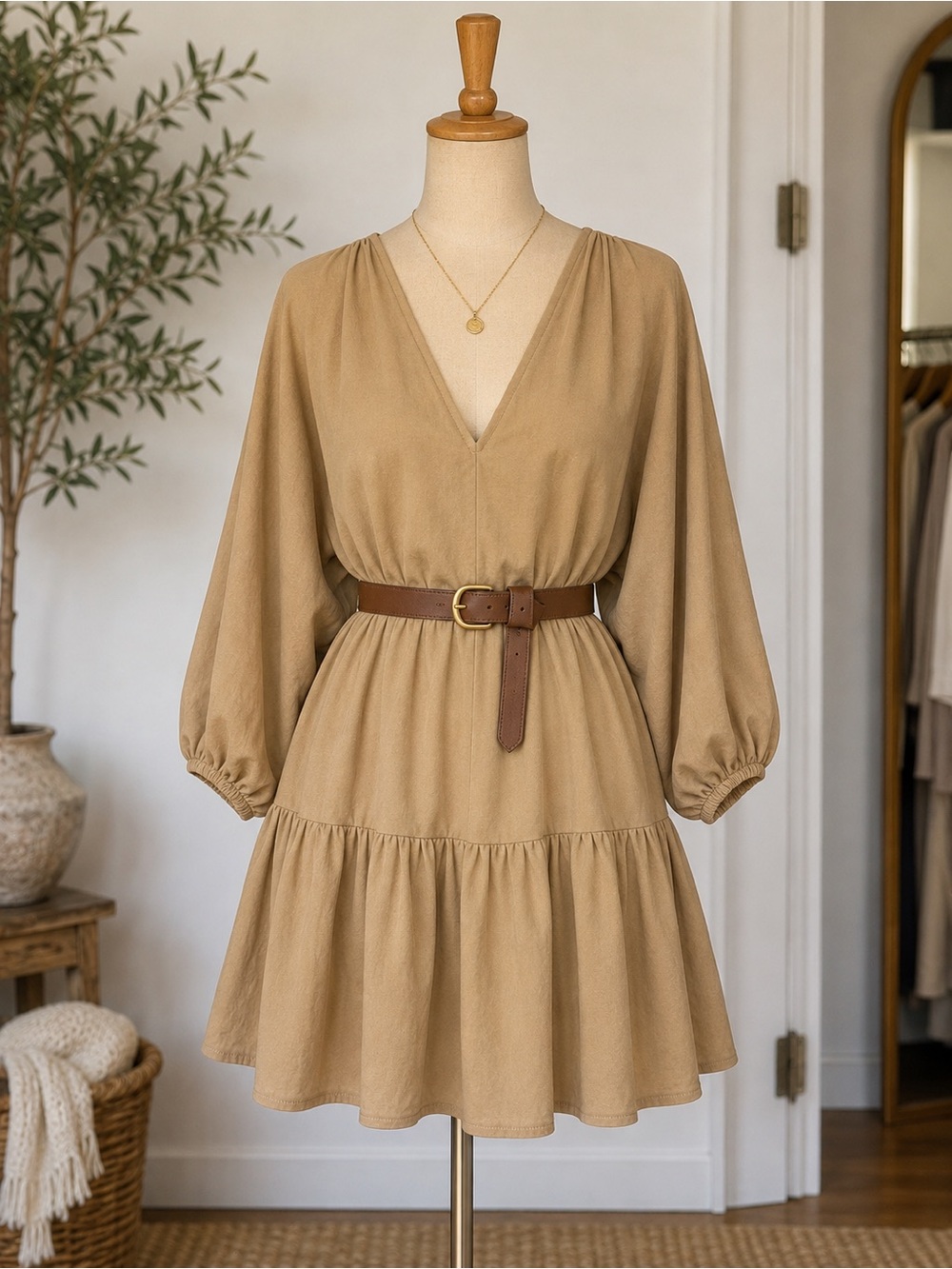 Mango Tan V-Neck Balloon Sleeve Tiered Mini Dress